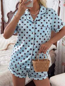 2pcs Women's Satin Polka Dot Short Sleeve Lapel Top And Bow Shorts Pajama Set, Spring/Summer - Baby Blue - View 4