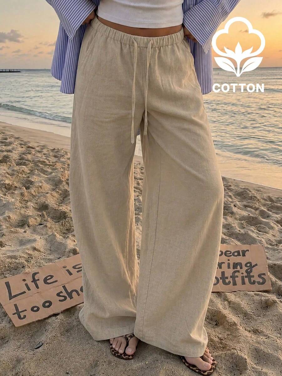 Loose Fit Women's Long Wide Leg Pants With Adjustable Drawstring, Suitable For Beach Vacation And Daily Comfortable Wear - Apricot - View 1
