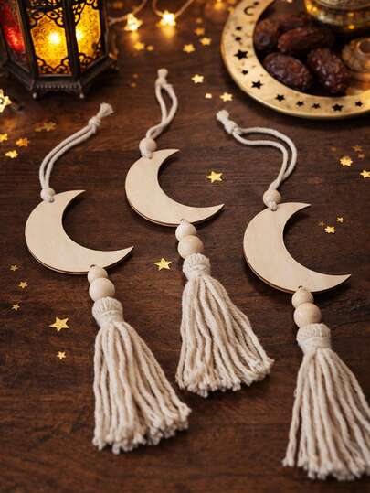 1pc/2pcs/4pcs Solid Flat Crescent Moon Star Tassel Hanging Ornament Saudi National Day Decor Islamic Celestial Pendant Vintage Arabian Style Wall Decor Indoor Bedroom Wall Accent Religious Festival Background Decoration