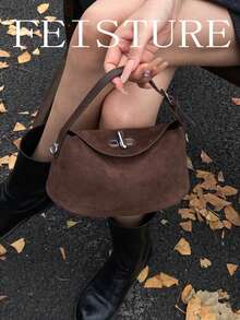 FEISTURE 1件裝 麂皮素色手提包，秋冬新款單肩斜跨包，適合女孩、女性、大學生、職場新人與白領上班族，完美適用於工作、商務、通勤與上學 - 咖啡 - 查看 8