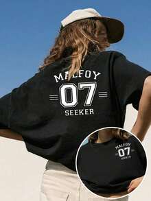 Women Crew Neck Tee, Malfoy 07 Seeker Back Print Short Sleeve, Stretchy All Season Casual Spring Summer Autumn Daily Printed Top, Graphic Summer Tops - 黑色 - 查看 9