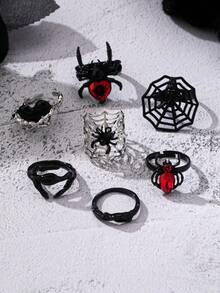 7 Pcs Vampire Gothic Style Spider Rings Set - Punk Style Black Color Spider Web Ring Halloween Costume Party Jewelry - Multicolor - View 2