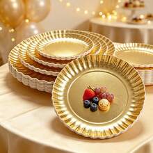 10pcs Gold Foil Food Serving Trays, Sturdy Cardboard Serving Platters, Round Scalloped Edge Paper Plates, For Party Cake Dessert Catering Appetizer Display Wedding Birthday Baby Shower Party Tableware Snack Display - Gold - View 1