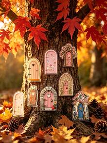 Pink Fairy Garden Door (2D), Realistic Mini Door, Suitable For Garden Decor, Miniature House Dollhouse, Desktop Decoration, Self-Adhesive, Small Wooden Door, Tree Trunk Flower Pot, Charming Fairy Tale Accessory, Waterproof, Suitable For Outdoor Use, Housewarming Gift - Garden Gate - View 5