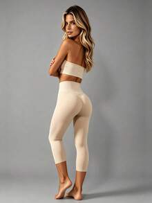 Runway Rest Women's High Waist 3/4 Length Compression Leggings, Tummy Control Shapewear - Apricot - View 2