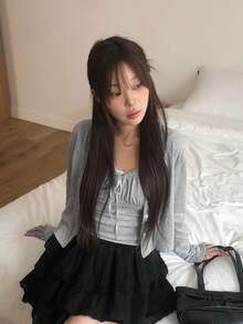 Early Autumn Korean Cute Girl Lace Tie Strap Cardigan Set - Grey - View 4
