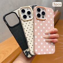 3pcs Black & White Polka Dot Pattern, Large Hole Leather Solid Color Shockproof Phone Case, TPU Material, Suitable As Holiday Gift, Compatible With Apple XS/XS Max/XR/11/12/13/14/15/16 Pro/Pro Max/14/15/16 Plus/17, Unisex - Multicolor - View 5