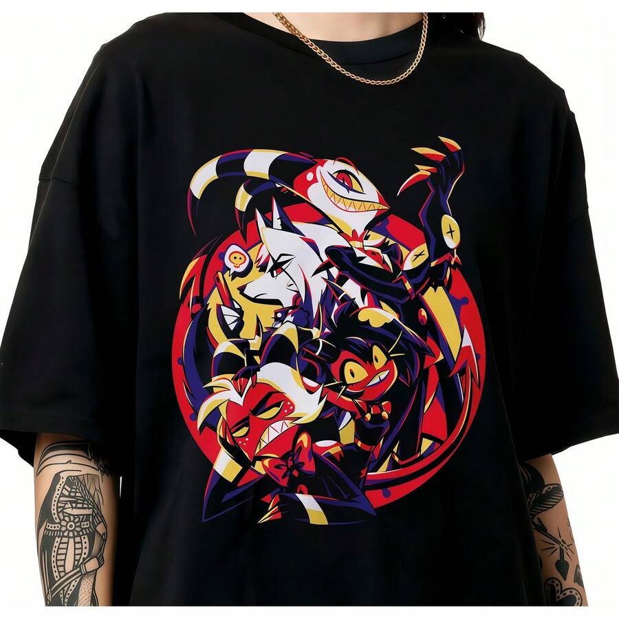 Blitzo Floral Wreath Illustration T-Shirt Vintage Painted Anime Fan Tee. - 黑色 - 查看 1