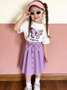 Young Girl Butterfly Print Short Sleeve Top And Belted Skirt Set - White - View 1