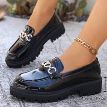 Women's Heart Chain Rhinestone Patent Leather Thick Sole Loafers, Height-Increasing Non-Slip Chunky Sole Slip-On Casual Commute Shoes, Preppy Style - Black - View 7