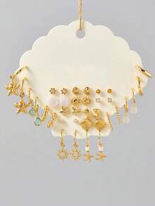 36pcs Fashion Minimalist Elegant Starfish Shell Sun Fish Resin Pendant Gold Stud Earrings Set For Women, Summer Beach Vacation Date Party Holiday Birthday Gift, Daily Versatile - Yellow Gold - View 1