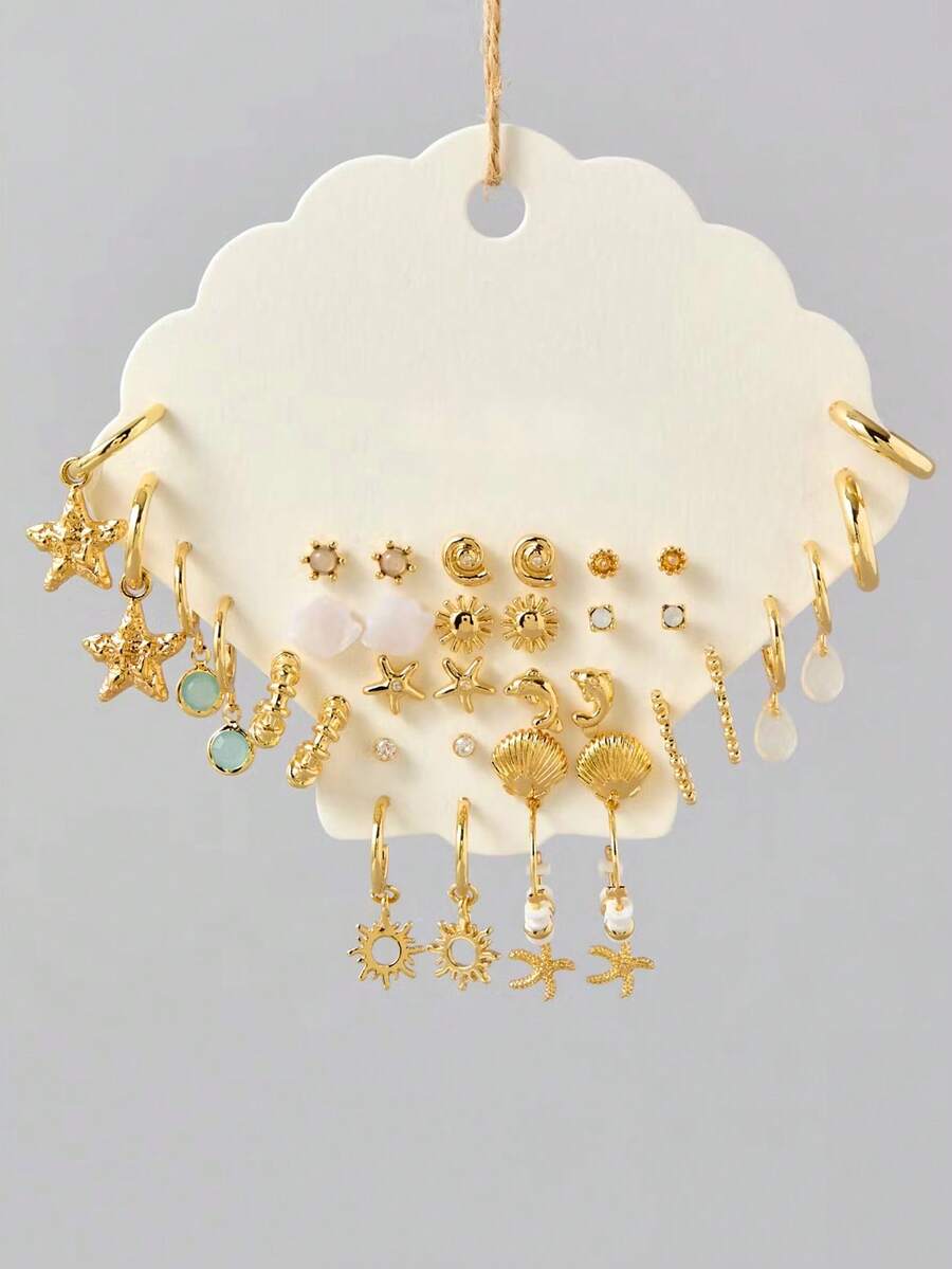36pcs Fashion Minimalist Elegant Starfish Shell Sun Fish Resin Pendant Gold Stud Earrings Set For Women, Summer Beach Vacation Date Party Holiday Birthday Gift, Daily Versatile - Yellow Gold - View 1