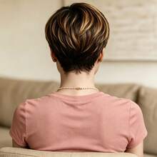 Premium Human Hair Short Pixie Cut Wig For Women, Layered Short Pixie With Bangs, No Lace No Glue Fully Machine Woven, Soft Rose Mesh Cap, Suitable For Daily Summer New Style Fashion 4/27 Highlighted Human Hair Wig - Multicolor - View 7
