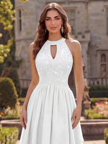 MIUSOL Sequin Floral Lace Halter Neck Sleeveless Ruched Chiffon Prom Homecoming Dress, Spring/Summer Dress Elegant White - White - View 9
