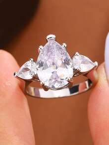 極簡橢圓水滴梨形 Paraiba 幾何戒指，藍色女款珠寶禮物，情人節適用 - 白色 - 查看 1