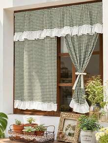 1pc Green Plaid Layered Curtain Set With Lace Ruffle Valance, Rod Pocket Farmhouse Style Cafe Curtains, Sheer Semi-Transparent For Kitchen Bathroom Small Window Decor - Green - View 3
