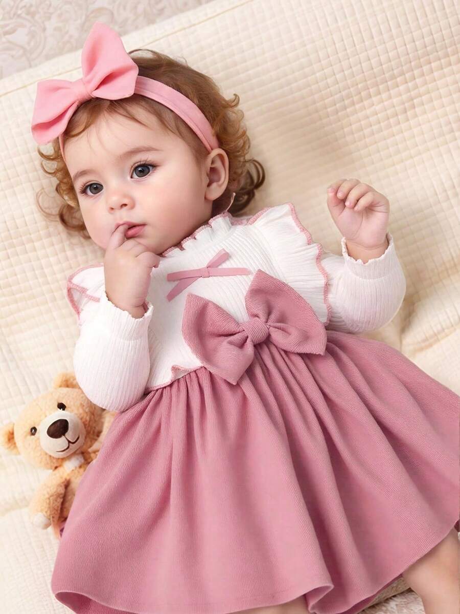 Baby Girl Autumn New Dress, Sweet & Cute Bow, Ruffle, Lace, Round Neck, Long Sleeve Dress, Suitable As Gift, For 6-9M, 1-3Y - White - View 1