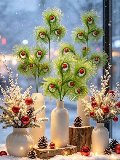 1pc Christmas Reed Twirling Christmas Reed Ball Branch Decoration Christmas Tree Top Green Hairball Twirling Artificial Plant Pampas Grass Vase Filling Simulation Reed Suitable For Christmas Tree Decoration And New Year Decoration