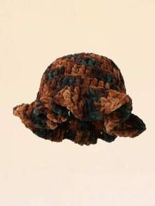 1pc Women's Handmade Knitted Solid Color Ruched Bucket Hat, Exaggerated Design, Fashionable Winter Knitted Hat - A - View 6