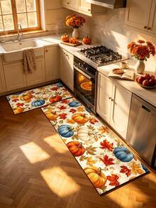 1/2 piezas Alfombra de cocina con calabazas multicolor para Acción de Gracias, alfombra y tapete de cocina de otoño, antideslizante, lavable y absorbente, accesorios de decoración de cocina, ¡la mejor decoración para Acción de Gracias! - Multicolor - Ver 1