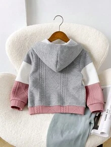 Spring/Autumn New Girls' Hooded Jacket, Gray/White/Pink Three-Section Color Block Cable Knit Textured Fabric, Full Zip Loose Casual Cardigan Top For Outdoor Wear - Multicolor - View 2