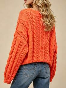 Plus Size Women Retro Orange Cable Stitch Cardigan Hollow Out Knit Sweater Button Up Warm Coat Fall Winter Vintage Style - Orange Red - View 5