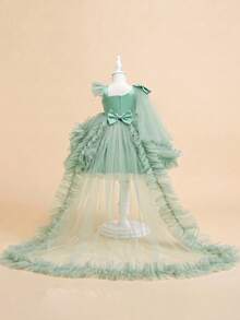 Tween Girl Sequin Decorated Asymmetrical Shoulder Bow Puff Cake Train Dress For Wedding Birthday Occasions All Season - Mint Green - View 6