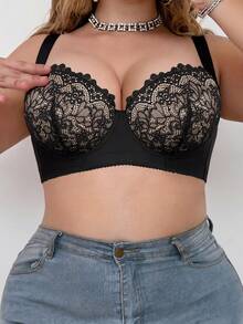 mimilemon Women's Plus Size Floral Lace Underwire Bra, Comfortable Breathable, Push Up Lifting, Widened Shoulder Straps, Wide Bottom Band Full Support - Black and White - View 9