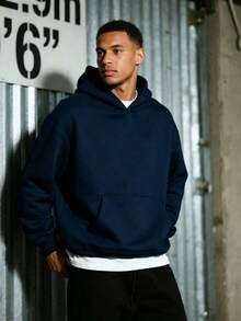 Men's Black Solid Color Drop Shoulder Long Sleeve Drawstring Pocket Casual Hoodie,Autumn/Winter,Suitable For Work, Daily Office Sports,And As A Gift - 藏蓝色 - 查看 1