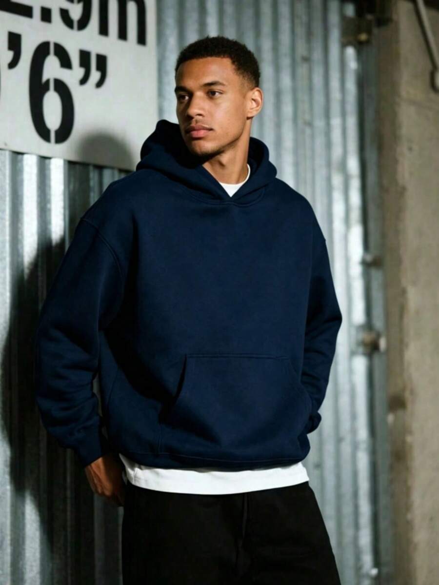 Men's Black Solid Color Drop Shoulder Long Sleeve Drawstring Pocket Casual Hoodie,Autumn/Winter,Suitable For Work, Daily Office Sports,And As A Gift - 藏蓝色 - 查看 1
