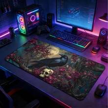 1pc Extra Large Extended Mouse Pad With Moon Night Crow Floral Skull Pattern, Soft Cloth Material With Non-Slip Rubber Base And Stitched Edges. Dark Gothic Vintage Floral Bird Realistic Aesthetic Keyboard Pad, Suitable For Gaming, Home Office And Study Scenes. - View 1