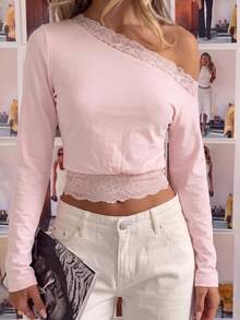 PoPoHouse Women's Fall Y2K Off Shoulder Lace Trim Long Sleeve T Shirt Sexy Slim Fit Coquette Layering Basic Top - Baby Pink - View 8