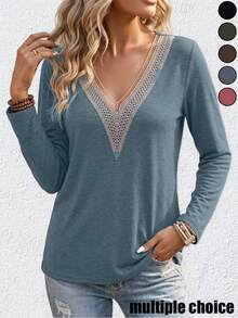 Women's Bohemian Style V-Neck Long Sleeve T-Shirt, Elegant Knit Fabric, Autumn Essential - Dark Blue - View 1