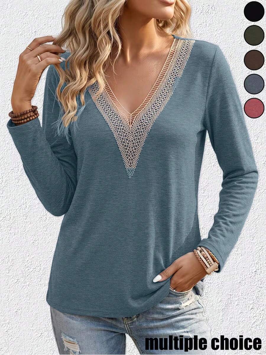 Women's Bohemian Style V-Neck Long Sleeve T-Shirt, Elegant Knit Fabric, Autumn Essential - Dark Blue - View 1