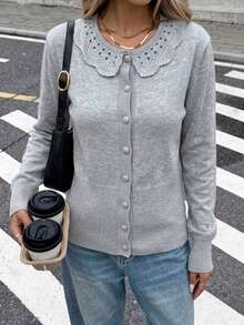 Crochet Lace Peter Pan Collar Cropped Cardigan For Women, Button Front Rib Knit, Long Sleeve, Gray Cute Academia Fall Clothes For Women - Grey - View 5