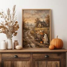 1pc Frameless Rustic Halloween Ghost & Pumpkin Wagon Fall Sunset Wall Art Print, Spooky Farmhouse Decor For Dorm, Bedroom, Party Gift - Pumpkin - View 3