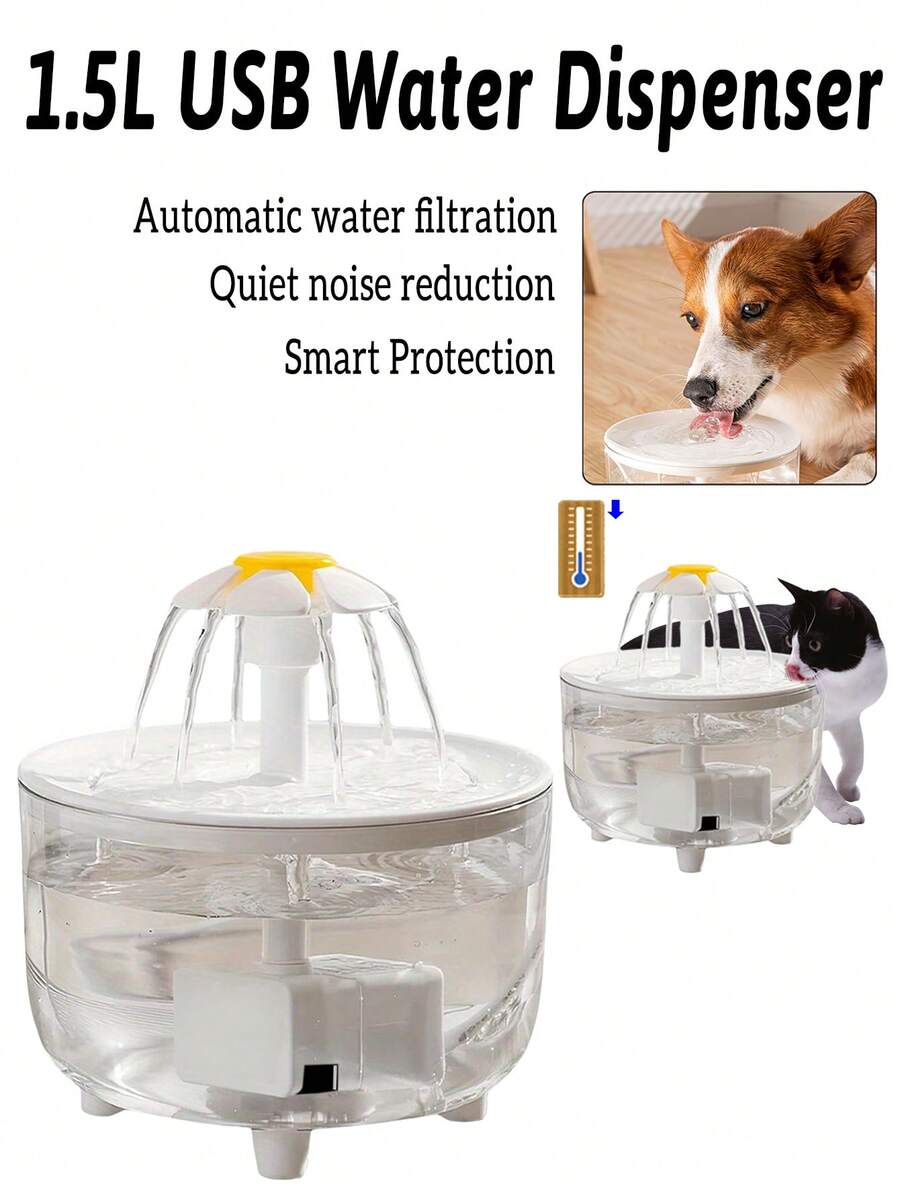 1pc White 1.5L Automatic Cat Water Fountain, Pet Home USB Electric Quiet Water Bowl, Automatic Circulation Feeding And Drinking Supplies, Live Water Circulation Filtration, Pet Accessories, Suitable For All Cats And Small Dogs