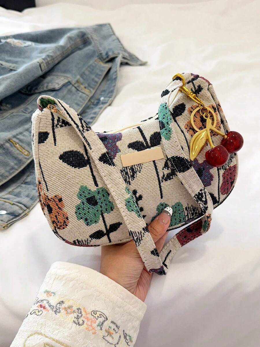 時尚百搭純色新款花卉印花單肩包，休閒極簡法棍小方包女款 - 彩色 - 查看 1