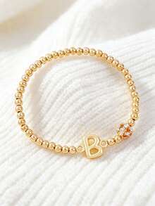 1Pc A-Z Letter Beaded Stretch Bracelet, Rhinestone Ball Charm Alphabet Elastic Bracelet, Personalized Stackable Bead Hand Jewelry For Girls Daily Gift - Multicolor - View 24
