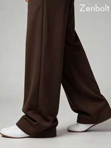 Zenbolt Minimalist Wide Leg Jogger Trousers, Elastic Drawstring Waist, Simple Side Pockets,Soft Draped Fabric, Loose Silhouette For Daily Looks - Brown - View 3