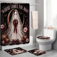 1pc/4pcs Rose Wedding Ghost Shower Curtain Set, Sweet & Cool Halloween Multi-Functional Bathroom Decor Shower Curtain Set, Free 12 Hooks, Premium Holiday Atmosphere, Bathroom Mat, U-Shaped Floor Mat And Round Toilet Lid Cover, Suitable For All Halloween Decor Scenes - Bridal Ghost - View 7