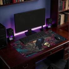 1pc Extra Large Extended Mouse Pad With Moon Night Crow Floral Skull Pattern, Soft Cloth Material With Non-Slip Rubber Base And Stitched Edges. Dark Gothic Vintage Floral Bird Realistic Aesthetic Keyboard Pad, Suitable For Gaming, Home Office And Study Scenes. - View 7