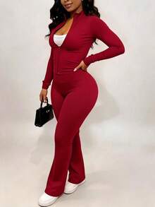 Spring/Autumn Best-Selling Women's 2 Pieces Set, Fashion Slim Fit Solid Color Zip-Up Jacket & Long Pants, Lightweight Polyester Fitness Yoga Fabric - Red 59 - View 3