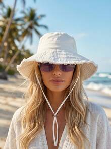 1pc/Set Women's Drawstring Bucket Hat, Adjustable Chin Strap Design, Distressed Effect, Soft Fabric, Sun Protection, Windproof, Fashionable And Versatile, Suitable For Travel, Beach, Vacation, Daily Casual Wear - Multicolor - View 3