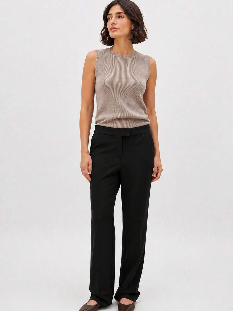 Women's Elegant High Waist Layered Overlay Panel Full Length Tailored Pants - 黑色 - 查看 1