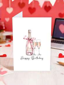 1張生日卡片附信封－「Happy Birthday」粉色香檳優雅祝福卡，適合女性、朋友與女友，派對生日禮物，內頁空白 - A - 查看 8