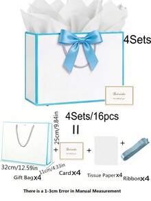 4件組禮品袋套裝，包含1個禮品袋、1張薄棉紙、1條緞帶和1張卡片，購物袋，附手柄包裝袋，蝴蝶結裝飾手提袋，高端紙袋，適合女孩婚禮派對、聖誕節、感恩節、新年、婚禮、生日禮物包裝袋，情人節伴娘女友派對禮物，情人節及其他場合 - 彩色 - 查看 22
