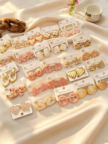 4/8/16/24/32-Piece Set: Vintage Sweet Pink & Gold Heart-Shaped Wavy Stainless Steel Earrings – Women's Jewelry, Party Accessories, Elegant Accessories For Women - Multicolor - View 2