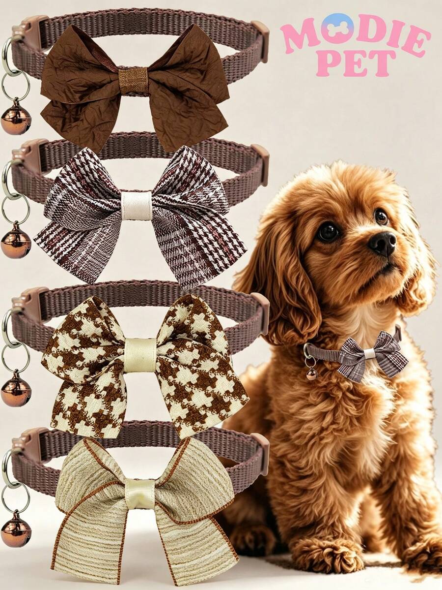 1/4pcs Fashionable Bow-Knot Pet Bell Adjustable Collar With Leash Buckle, Suitable For Decorating Cats And Dogs - Multicolor - View 1