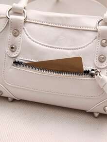 Fashionable Green Patchwork Rivet Motorcycle Bag With Adjustable Strap, Retro Sweet Cool Style Women's Crossbody Handbag For Daily Outings - White - View 6